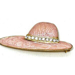Vintage Pink Hat Brooch With Rhinestones & Gold-Tone Metal